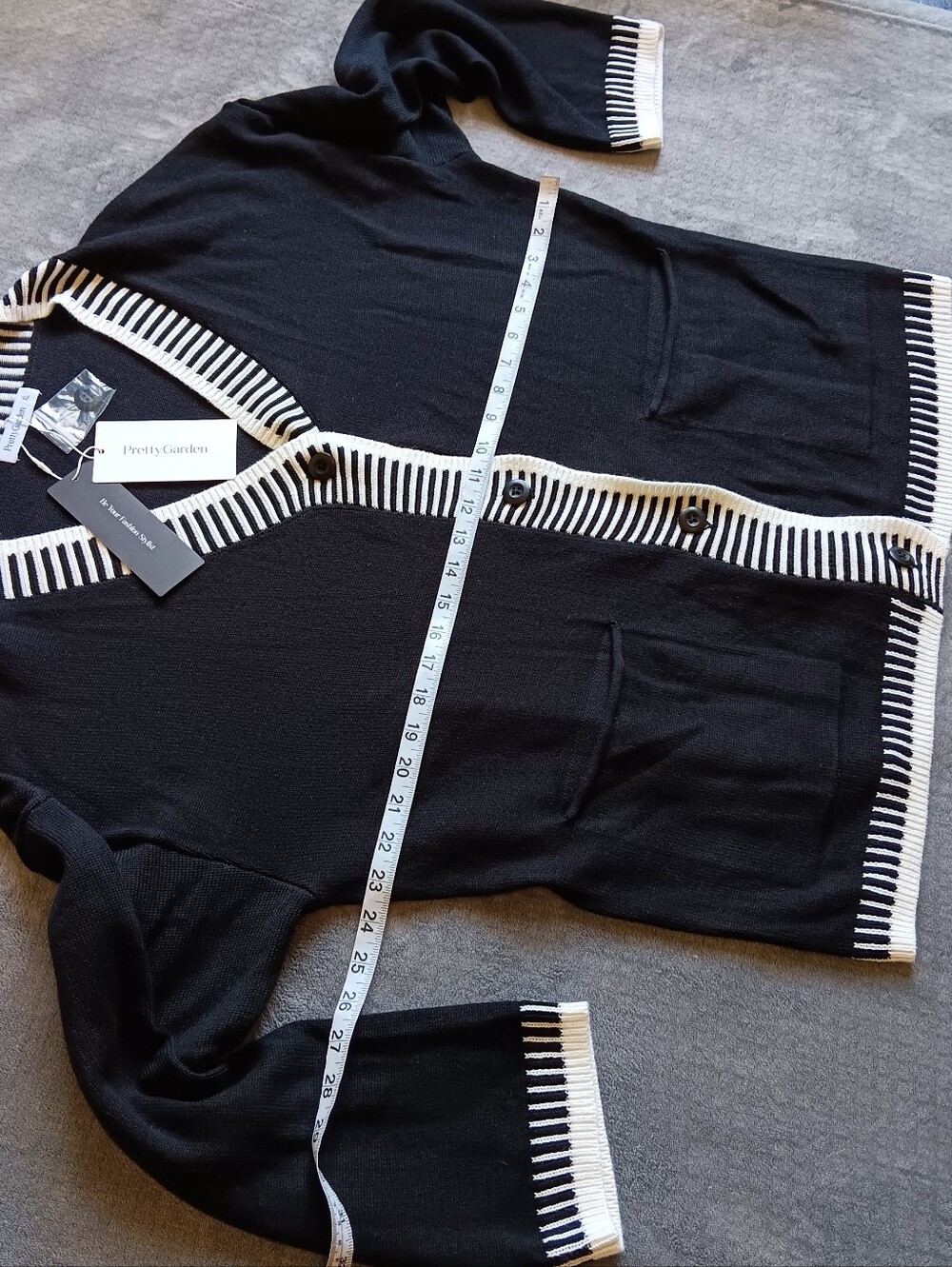 NWT Pretty Garden Black Cardigan Sweater W/ White Stripe Trim Womens Extra Large - Picture 4 of 8